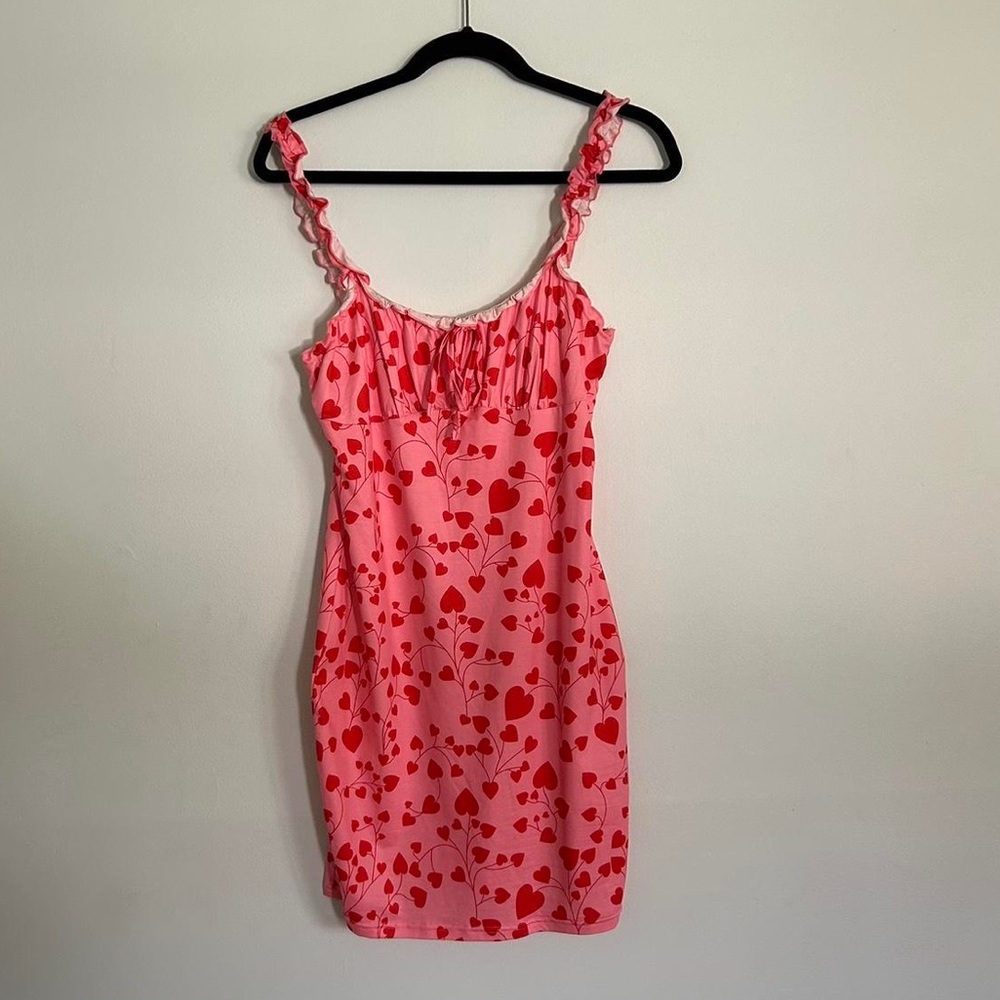 Size S pink heart print mini dress with ruffle straps